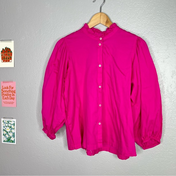 Gap, puff sleeve mock neck button up shirt in neon pink sz M - Picture 4 of 7